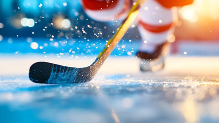 A hockey player skillfully maneuvers on the ice, stick in hand, during evening trainingの素材