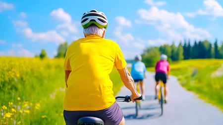 Three cyclists ride along a winding path surrounded by vibrant flowers and blue skiesの素材