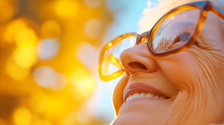 Smiling woman with sunglasses admires the beauty of a sunny day in the park during autumnの素材