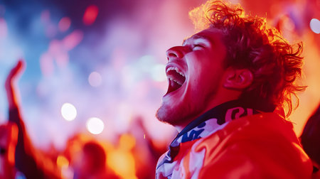 Participants express joy and excitement during a vibrant concert at night filled with lightsの素材