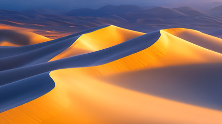 Warm sunlight casts golden hues over undulating sand dunes in a serene desert at duskの素材