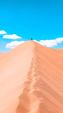 A lone figure ascends a sandy peak, surrounded by vast desert under a clear sky with cloudsの素材