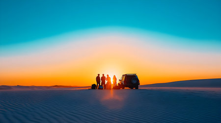 Friends gather around a vehicle, watching the vibrant sunset over the sandy landscapeの素材