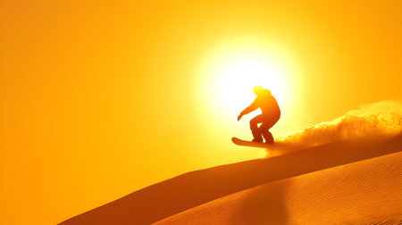 A snowboarder glides gracefully on the slope with a bright sunset behindの素材