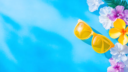Bright flowers surround yellow sunglasses on a vivid blue background, evoking summer vibesの素材