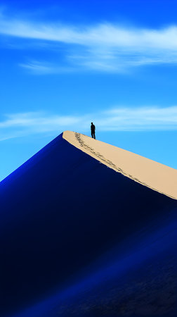 A person surveys the expansive landscape from a peak of a colorful sand dune under a bright skyの素材