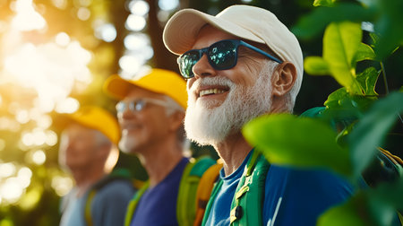 Group of older men hiking together in a lush forest, smiling and sharing a joyful moment outdoorsの素材