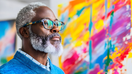 Man with silver hair and glasses observes vibrant abstract art in a contemporary gallery settingの素材