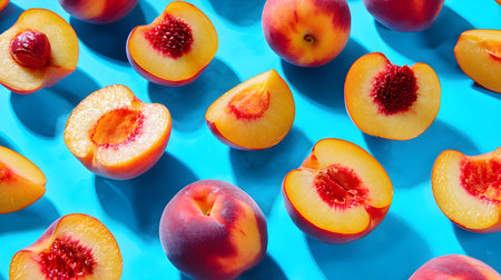 Slices of ripe peaches are arranged neatly on a bright blue surface, highlighting their sweetnessの素材