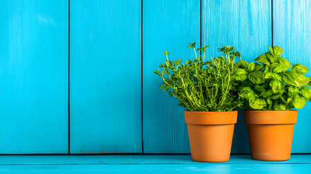 Fresh thyme and basil plants in terracotta pots brighten a blue wooden wallの素材