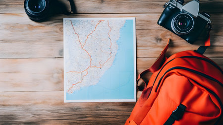 A map, cameras, and an orange backpack on a wooden surface hint at travel preparationsの素材