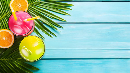 Brightly colored drinks with ice, surrounded by fresh fruit on a sunny beachside tableの素材