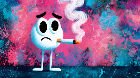 A cartoon character with a cigarette looks worried amidst a colorful, abstract backdropの素材