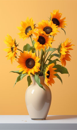 Bouquet of sunflowers in a vase on a yellow backgroundの素材