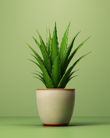 Aloe vera plant in pot on green background. 3d renderの素材