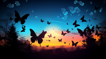 Silhouette of butterflies flying in the sky at sunset. 3d renderingの素材
