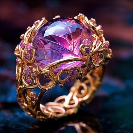 jewelry ring with amethyst on a dark background close upの素材