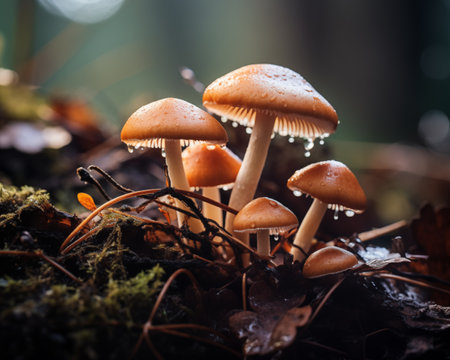 Mushrooms growing in the forest after rain. Selective focusの素材