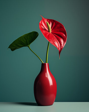 Anthurium flower in red vase on green background. 3d renderの素材