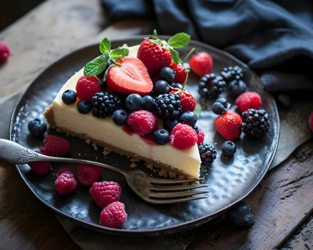 Homemade cheesecake with fresh berries on rustic wooden background.の素材