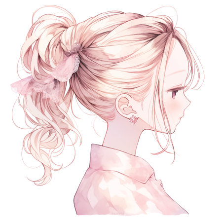 Fashion illustration of a beautiful young woman with pink hair and makeup.の素材