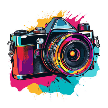 Vector illustration of retro camera on a colorful background with splashes.の素材