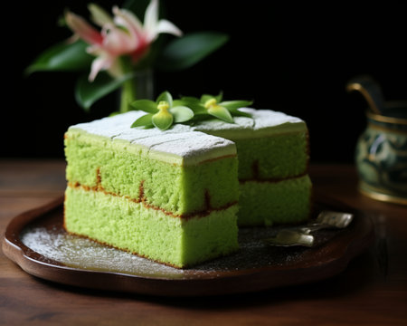 Green tea cake with flower on wooden table, selective focus, vintage toneの素材
