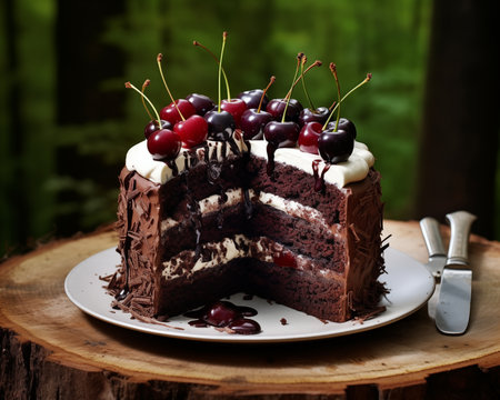 Chocolate cake with cherries on a wooden background. Toned.の素材