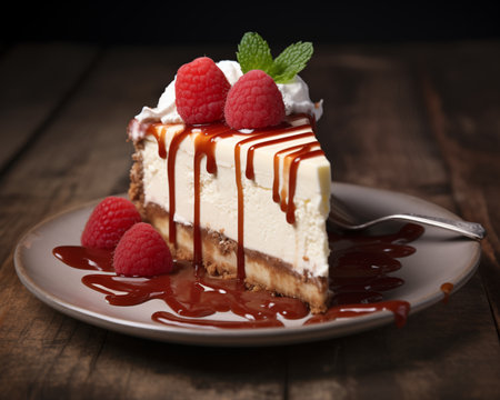 Piece of cheesecake with raspberries and chocolate on wooden backgroundの素材