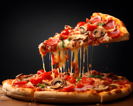 Pizza with mushrooms and cheese on a black background. Italian foodの素材
