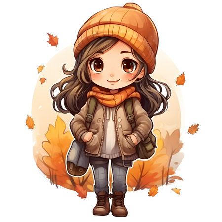 Cute little girl in warm clothes and hat with autumn leaves illustrationの素材