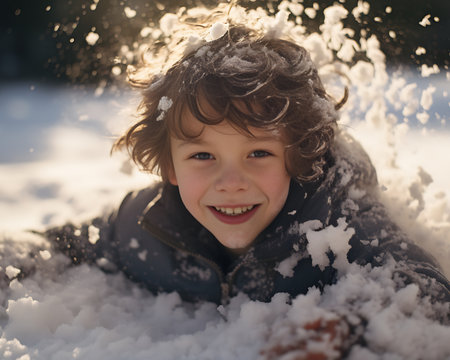 Portrait of a boy in the snow in winter. The boy is smiling.の素材