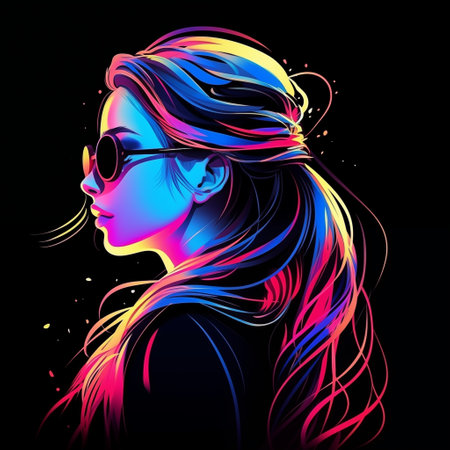 Beautiful girl with sunglasses on a black background. Vector illustration.の素材