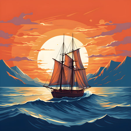 Sailing ship in the sea at sunset. Vector illustration for your designの素材