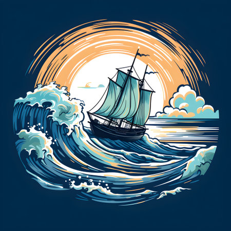 Vintage sailboat on the sea with waves. Vector illustration.の素材