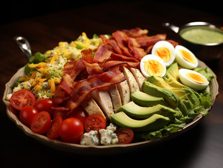 Plate of salad with bacon, eggs, tomatoes and avocado on wooden tableの素材