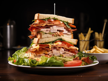 Sandwich with ham, cheese, lettuce, tomato and french friesの素材