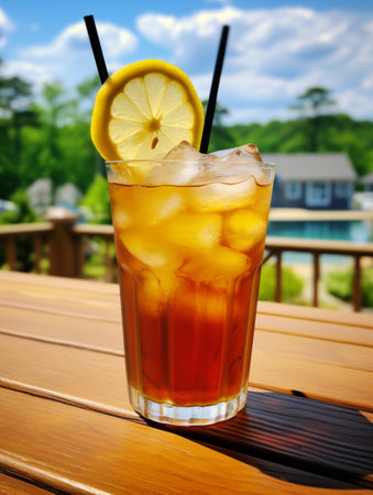 A glass of iced tea with lemon on a wooden table.の素材