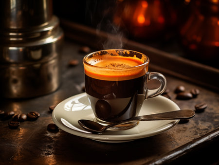 Black coffee in a cup on an old background. Selective focus.の素材