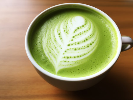 A cup of matcha latte green tea on wooden background.の素材