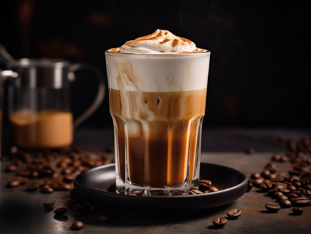 Latte macchiato in a glass with coffee beans on a dark backgroundの素材