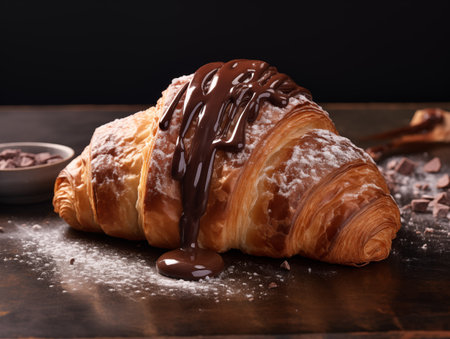 Tasty croissant with chocolate on wooden table, closeupの素材