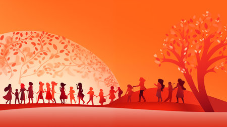 Silhouette of children walking in the park,  illustration.の素材