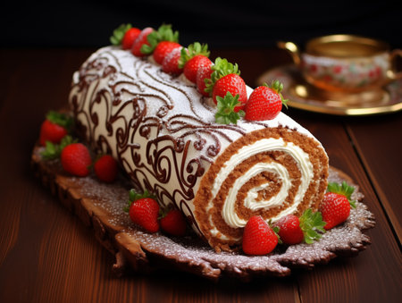 Chocolate roll cake with cream and strawberries on a brown wooden tableの素材