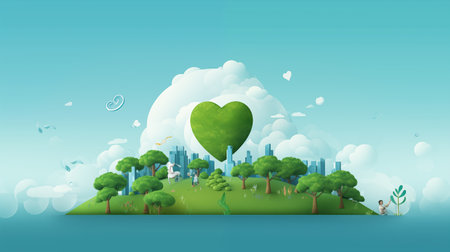 Ecology concept with green city and heart shape on nature background.の素材