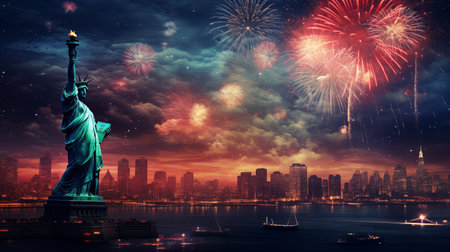 Statue of Liberty and New York City skyline at night with fireworksの素材