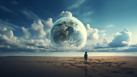 Man standing on the beach and looking at the planet. 3D renderingの素材