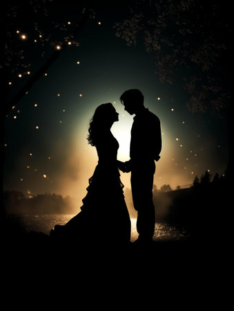 Silhouette of a loving couple in the park at night.の素材