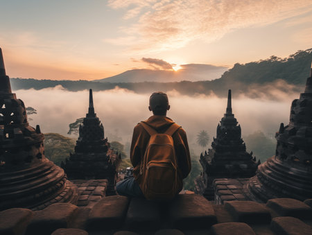 Silhouette of tourist with backpack sitting on the top of the pagoda and watching the sunriseの素材