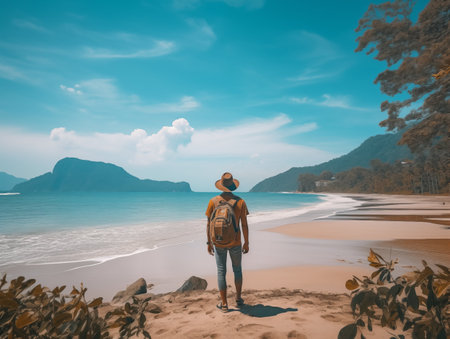 man with backpack standing on the sand beach and looking at the seaの素材